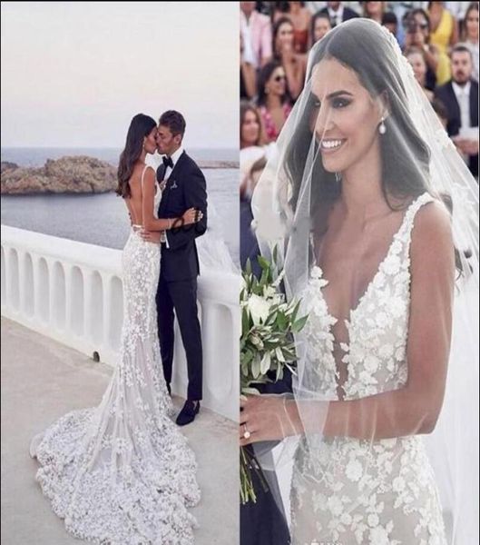 2020 Vestidos de novia de playa de sirena sin espalda sexy Vneck profundo Apliques de encaje 3D Trompeta de barrido Steven Khalil Jardín Boda nupcial Dr5572585