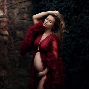 2020 Sexy Bourgondië chic pluizig tule gewaden op maat gemaakte moederschap tule jurken jurk voor foto shoot vrouwen lange pure tule avondjurk