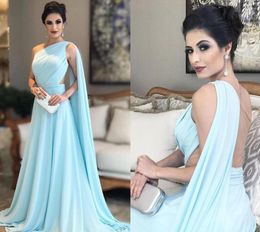 2020 Sexy Goedkope One Shoulder Light Sky Blue Avondjurken Wear Chiffon Sheer Back Floor Lengte Saudi Arabic Prom Dresses Formele Toga