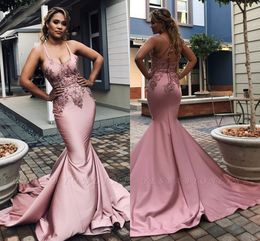 2020 Sexy Dusty Pink Spaghetti Mermaid Prom Dresses Backless Plus Size Avondjurk Lange Formele Party Jurken