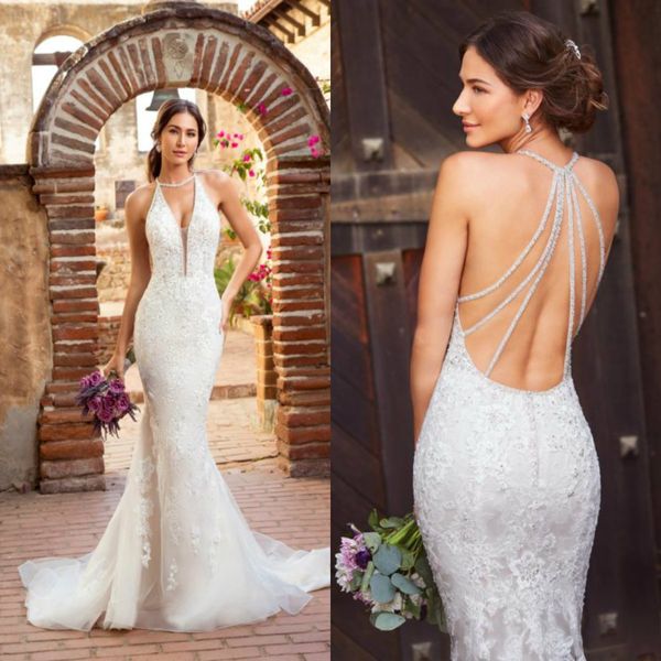 2020 Sexy Halter Sirène Robe De Mariée Mousseux Sans Manches Appliqued Dentelle Perlée Robe De Mariée Dos Nu À Volants Balayage Train Robes De Mari￩e