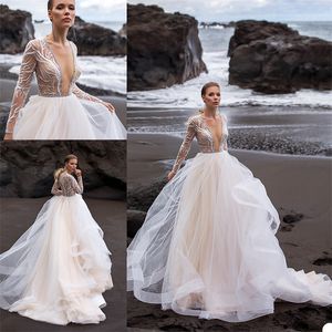 2020 Sexy haut col en V A-ligne robes de mariée sur mesure manches longues appliqué paillettes robe de mariée balayage train Boho robe de mariée