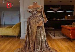 2020 Sexy Long Sleeve Gold Mermaid Reflective Prom Dresses Sexy High Splitig Solded Formal Evening Jurken Robe de Soiree Abendkleid1533104