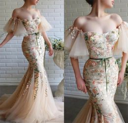 Sexy Mermaid Avondjurken Kant Applicaties van de Shoulder Prom Dress Sweep Train Custom Made SPPAIL ROBES DE SOIRÉE