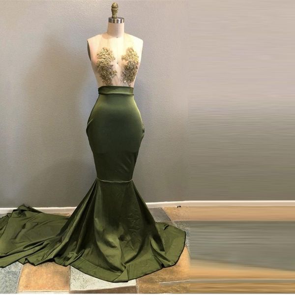 2020 Sexy Olive verte dentelle sirène Robes de bal Décolleté en V Encolure longue soirée Robes Robe De Soirée Longue fête officielle Robe