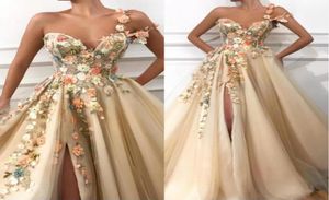 2020 sexy een schouder tule een lijn lange prom -jurken 3D bloemen kanten applique kralen split vloer lengte formele feest avondjurk6841374