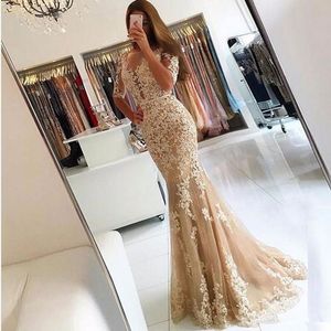 2021 Sexy Ouvrir Robe de bal Champagne Mermaid Robes Appliques Dentelle Dois Demi-Manches Trompette Guest Long Formel Formel Soirée Robes Robe de Soniree