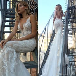 2020 sexy pallas couture robe de mariée sirène plus taille vestide sans dos de novia de lace en dentelle pour le mariage de la plage 326i