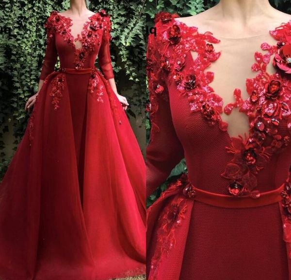 2020 Sexy Rouge Tulle Applique Robes De Soirée Avec Jupe Amovible Illusion Décolleté Manches Longues Robes De Soirée Saoudien Arabe Robe De Bal