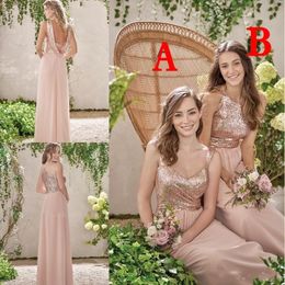 2020 Sexy Rose Goud Pailletten Bruidsmeisjesjurken Lange Chiffon Halter A-lijn Bandjes Ruches Blush Roze Bruidsmeisje Huwelijksgast Jurken