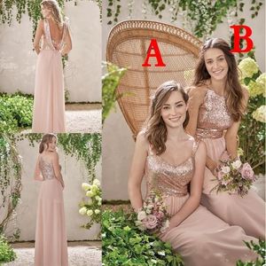 2020 Sexy Rose Gold Sequine Vestidos de dama de honor Long Chiffon Halter A Line Stores Ruffles Blush Pink Maid of Honor Boda Invitado D267H