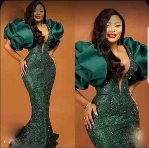 Green Evening Dresses Prom with Puff Sleeves Beads Sequined Mermaid Plus Size Special Occasion Party Dress for African Women Black BC14347 GB0902