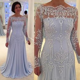 2020 Sexy Sky Blue Mermaid Mutter der Braut Bräutigam Kleider Lange Ärmel Off Shoulders Spitze Applikationen Perlen Mutter Kleider Hochzeit G2233