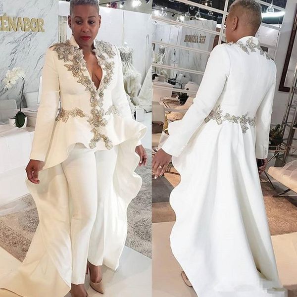 2020 Sexy Blanc Femmes Combinaisons Soirée Dressess Perlé À Manches Longues Col En V Profond Robe De Bal Sur Mesure Balayage Train Formelle Robes De Soirée