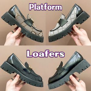 2023 Loafers Dames Designer Casual Schoenen Platform Loafer Heren Dames Lederen Lug Sole Horsebit Zwarte Bijen Geborduurd Beige Ebbenhout Maxi Luxe Jurk Schoen