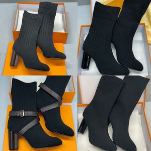 Botas de diseñador Silueta Bota de tobillo Tacones Zapatos Mujer de invierno Letras bordadas Tacón Calcetines de tela Botas Estampado de flores Zapatos de fiesta de boda de primera calidad con caja NO50