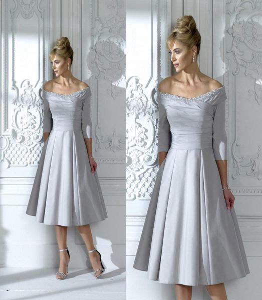 2020 Argent Mère De La Mariée Robes Dentelle Perlée Thé Longueur Hors Épaule Robe D'invité De Mariage Pour Le Marié Mère Soirée Formelle Go3691561