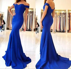 2020 Simple Royal Blue Satin Mermaid Prom Dresses Elegant Off The Shoulder Backless Sweep Trein Plus Size Goedkope Formele Party Avondjurken