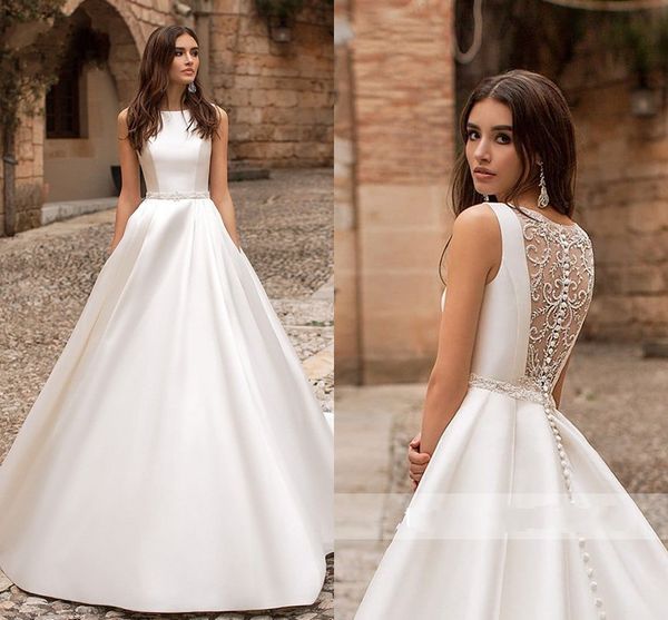 2020 Simple Satin Bordery Wedding Vestidos A-Line Bateau Hollow Back Imperio Cintura de la cintura Vestido de novia Vestidos de boda NUEVOS