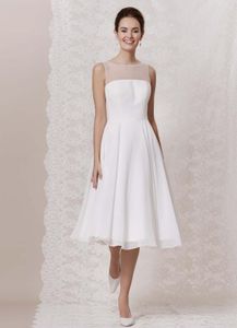 2020 Longueur de thé simple courte robe de mariée manche sans mousseline A-Line Summer plage informelle robes nuptiales