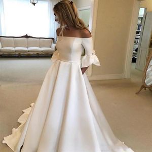 2020 Eenvoudige Vintage A-lijn Trouwjurken Goedkope Off Shoulder Satijn Halve Mouwen Plus Size Lange Knop Terug Formele Bruidsjurken Wi2884