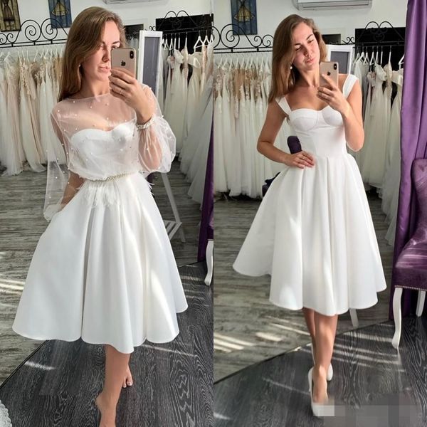 2020 robes de mariée Vintage simples courtes bretelles en Satin longueur au genou une ligne pays mariage robe de mariée sur mesure robe de novia