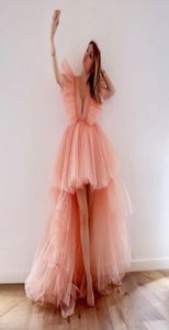 2020 SINGLE ELEMENT Trendy Tulle Blush Rose Tiered Tulle Robes de bal col en V profond froncé haut bas volants Tutu robe de soirée 4317987