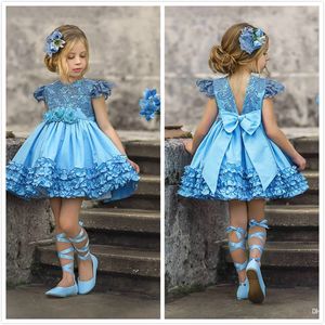 2020 Sky Blue Flower Meisjes Jurken Mini Korte 3D Bloem Applicaties Juweel Hals Meisje Pageantjurken Kinderen Formele Ruches Puffy Dress for Wedding