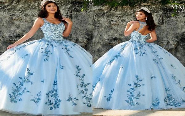 2020 bleu ciel Quinceanera robes appliques perles encolure dégagée princesse robe de bal doux 16 tulle princesse robe de bal robes de soirée9985059