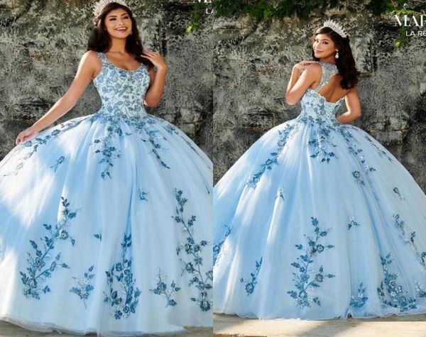 2020 Sky Blue Quinceanera Robes Appliques Perles Scoop Neck Princess Ball Bouche Sweet 16 TULLE PRIME PROM Robe de fête Robes 6964286