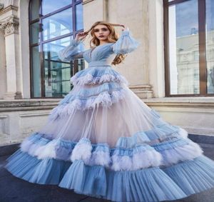 2020 Sky Blue Zie via Feather Aline Prom -jurken met gezwollen volle mouwen formele jurk Ruches Tiered Long Prom Jowns8319769