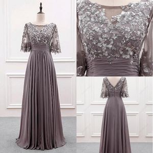 2020 Sliver Pailletten Kant Moeder van de Bruid Bruidegom Jurken Korte Mouw Plooien Gedrapeerde Chiffon Avondjurk Formele Bruiloft Bridal Party Town