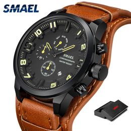 2020 Smael Casual Sport Horloges Heren Luxe Leer Leer Waterdicht Waterdichte Work Man Clock SL-9076 Fashion polshorloge Relogio Masculi254J