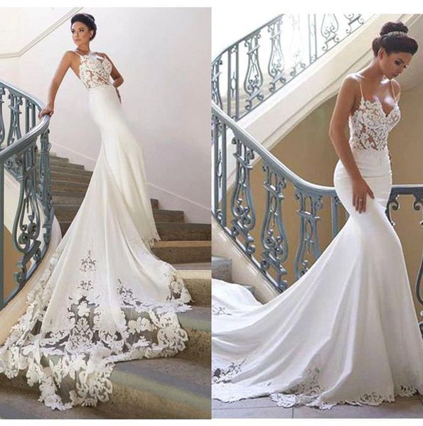 2020 Bohemia sirena vestidos de novia de encaje apliques de correas espaguetis satinado barrido tren vestidos de novia de novia Vestidos de boda BM0968