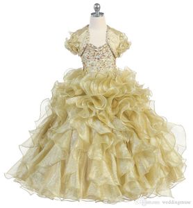 2020 Sparkling Girls Pageant Robes Or Princesse Spaghetti Strap Perles De Cristal Volants Organza Robe De Bal Fleur Filles Robes Wi241D