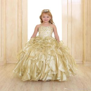 2020 Sparkling Girls Pageant Robes Or Princesse Spaghetti Strap Perles De Cristal Volants Organza Robe De Bal Fleur Filles Robes Wi2493