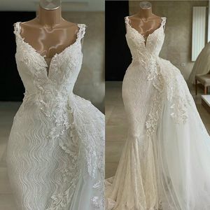 2020 Robe De Mariée Sirène Étincelante Chérie À Volants En Dentelle Appliqued Paillettes Perlée Sans Manches Robe De Mariée Balayage Train Vestidos De Novia