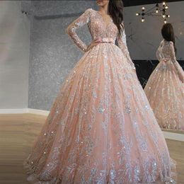 2020 scintillant rose paillettes dentelle robe de bal robes de bal bijou cou à manches longues douce 16 robe longue soirée formelle quinceanera dress222o