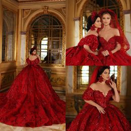 2020 scintillant rouge dentelle appliques robes de Quinceanera hors épaule col en V robes de bal paillettes robe de bal robes de Quinceanera brautkleid2455