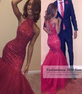 2020 Sparkly Red Mermaid Afrikaanse prom -jurken High Neck Beading Crystal Tule Sexy Backless Formal Evening Dress Pageant Jurken CUS1084183
