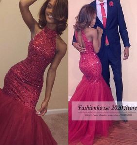 2020 Robes de bal africain rouge brillant Robes africaines perles de cou Crystal Tulle Sexy Backless Formel Night Robe Pageant Robes CUS7275011