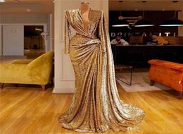 2020 robes de soirée dorées à paillettes scintillantes avec plis profonds à col en V manches longues robe de bal sirène robe de soirée africaine de Dubaï7373739