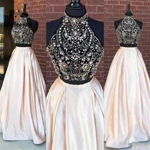 2020 Sparkly Two Pieces Prom Dresses High Neck Beading Crystal Floor Lengte Black Girl African Sweet 16 Cheap A Line Party Evening2161365
