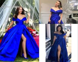 2020 Split het schoudermouwloze avondfeestje Dragen Royal Blue A Line Sexy Prom Dress5062630