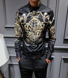 2020 Spring and Autumn Men039s Tops Shirts à manches longues Men039 Mode coréen Slim Black Gold Print Shirt7472536