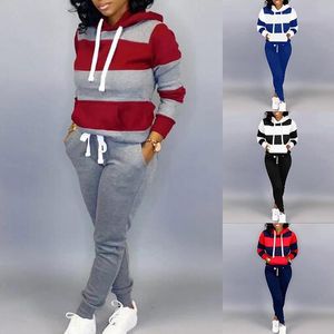 Chándales para mujer Primavera Otoño Conjunto de sudor de 2 piezas Sudaderas con capucha Sudadera Pantalones Harem Traje deportivo informal para mujer Chándal a rayas Joggers Sui