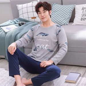 2020 Spring herfst katoenen print lange mouw pyjama -sets voor mannen zacht slaapkledingpak mannelijke pyjama loungewear huiskleding huiskleding lj201112