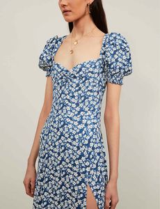 2020 Lente Herfst Korte Mouw Sweetheart Neck Blue Floral Print Mid-Calf Dress Dames Mode Shirt S2718090