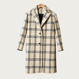 2020 lente lange mouwen gekerfd-revers plaid print wollen gebreide knoppen mid-kalf jas vrouwen mode lange uitloper jassen D1226272