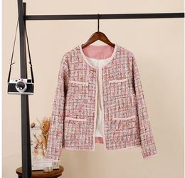 Chaqueta de abrigo corto de lana de tweed de manga larga con cuello redondo de color rosa para mujer de nuevo diseño de primavera casacos de talla grande S M L